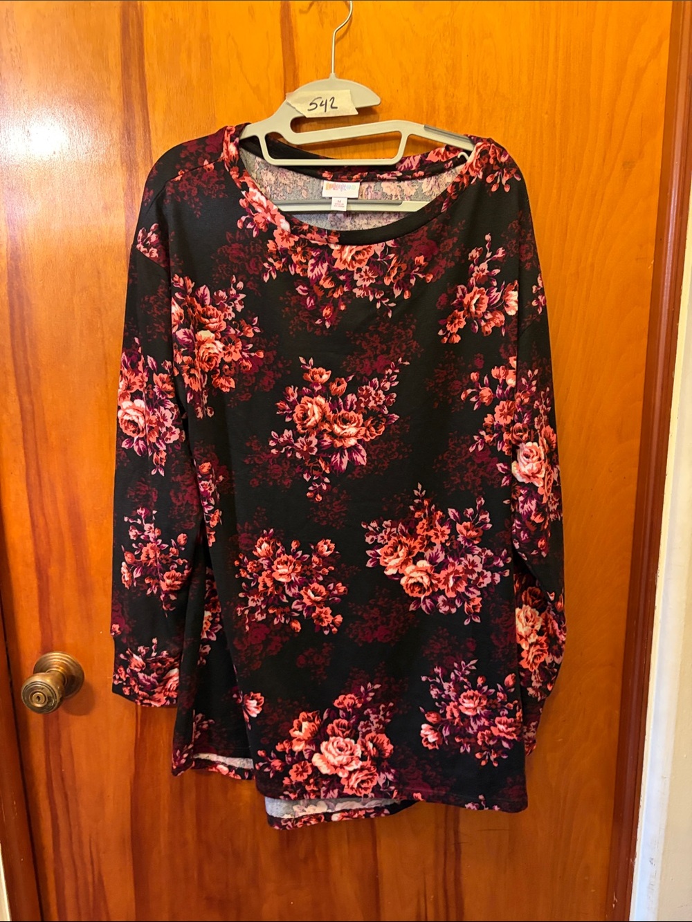 LuLaRoe Black Long Sleeve Tee with Pink Floral Print